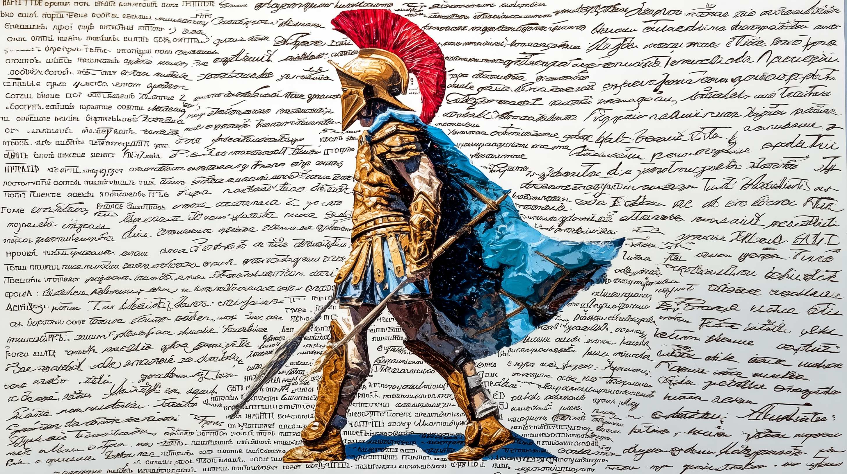 Greek warrior in golden armor on manuscript background